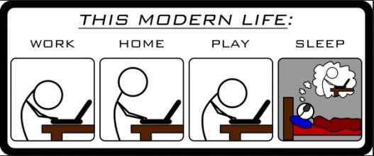 comic on this modern life showing 3 panels: work (on computer), home (on computer), play (on computer) and sleep (dreaming of being on computer)