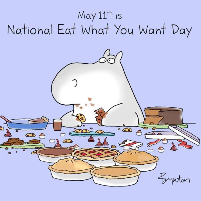 Image description: Cartoon of hippo (?) against a purple background, sitting at a table surrounded by pies, cakes, cookies, and chocolates, with a cookie in one hand and a chocolate bar with a bite out of it in the other, chocolate smudged on face.