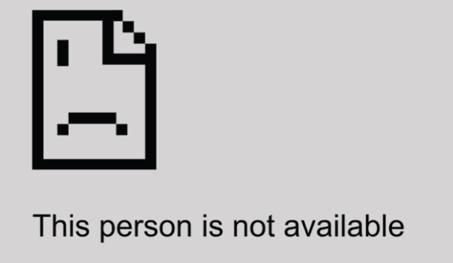 Square computer-generated sad person, with "This person is not available" message.