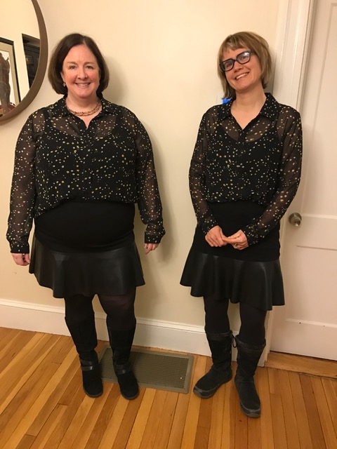 Rachel and me in our twin starry shirts, camisoles, pleather skirts. tights and boots.