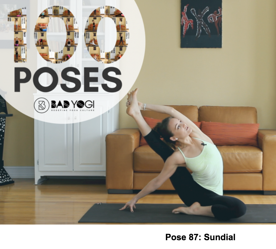 Bad yogi in sundial pose: seated with leg leg behind head, left arm holding it.