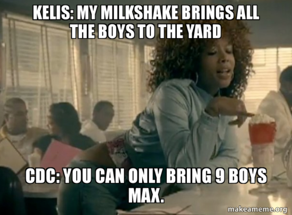 Safety first: milkshakes are allowed to bring at most 9 boys to the yard. A meme with Kelis.
