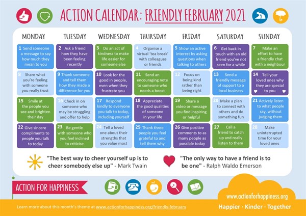 A multi-coloured image of a calendar of happiness-related tasks from the  Action for Happiness website. 