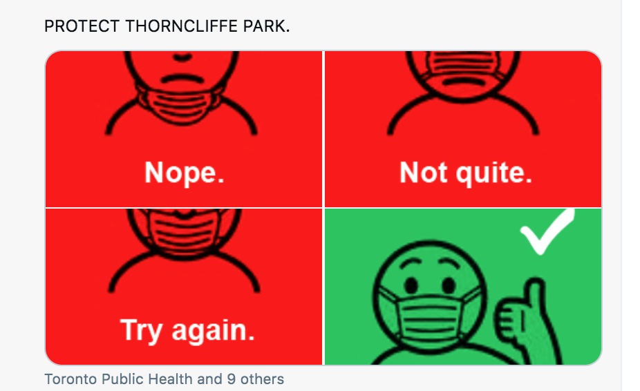 Protect Thorncliffe park sign, showing the wrong and right way to wear a mask against COVID.