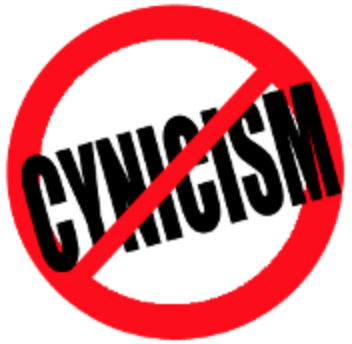 No to cynicism! the word cynicism inside a red circle with a line through it.