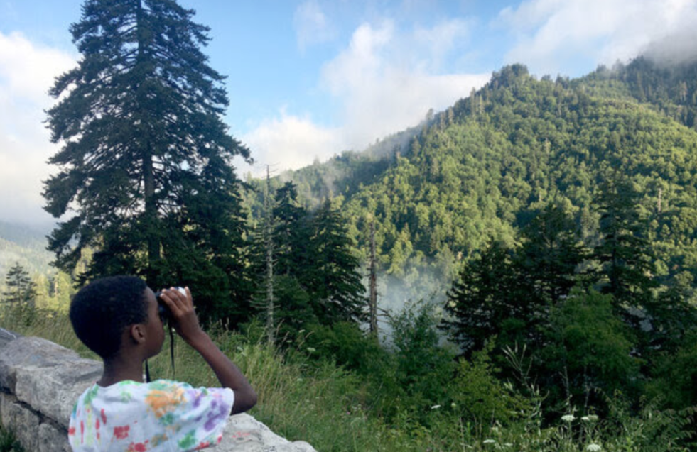 A little boy of color, looking through binoculars at Smoky Mountain national park.