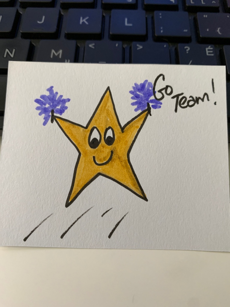 A cartoon drawing of a happy gold star holding purple pompoms in the air and saying ‘Go Team!’