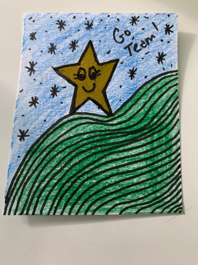  a drawing of a gold star with a happy face on it standing on a hill made of gently curving lines.