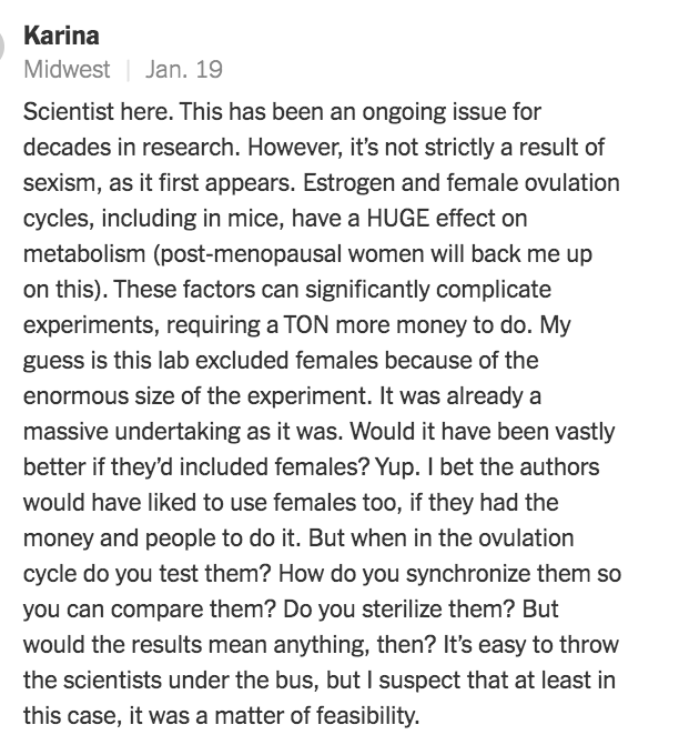 Longish quote claiming that organisms with estrogen cycles are way too complicated (and expensive) to do research on. Ah, okay.