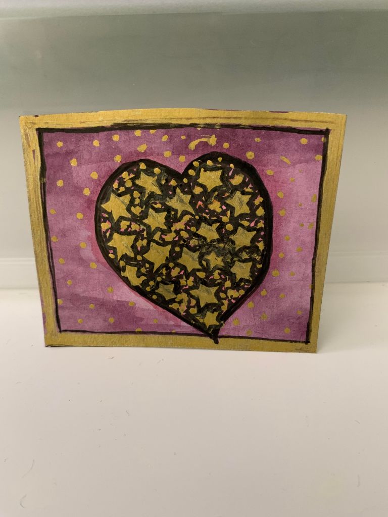 a small painting of a heart filled with gold stars. The heart is outlined in black, the background of the painting is dark pink with gold dots and the edges are trimmed in gold. 